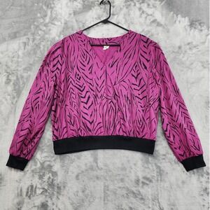 Vintage 70s Edith Martin V-Neck Long Sleeve Blouson Top Size‎ L Pink Black Silky